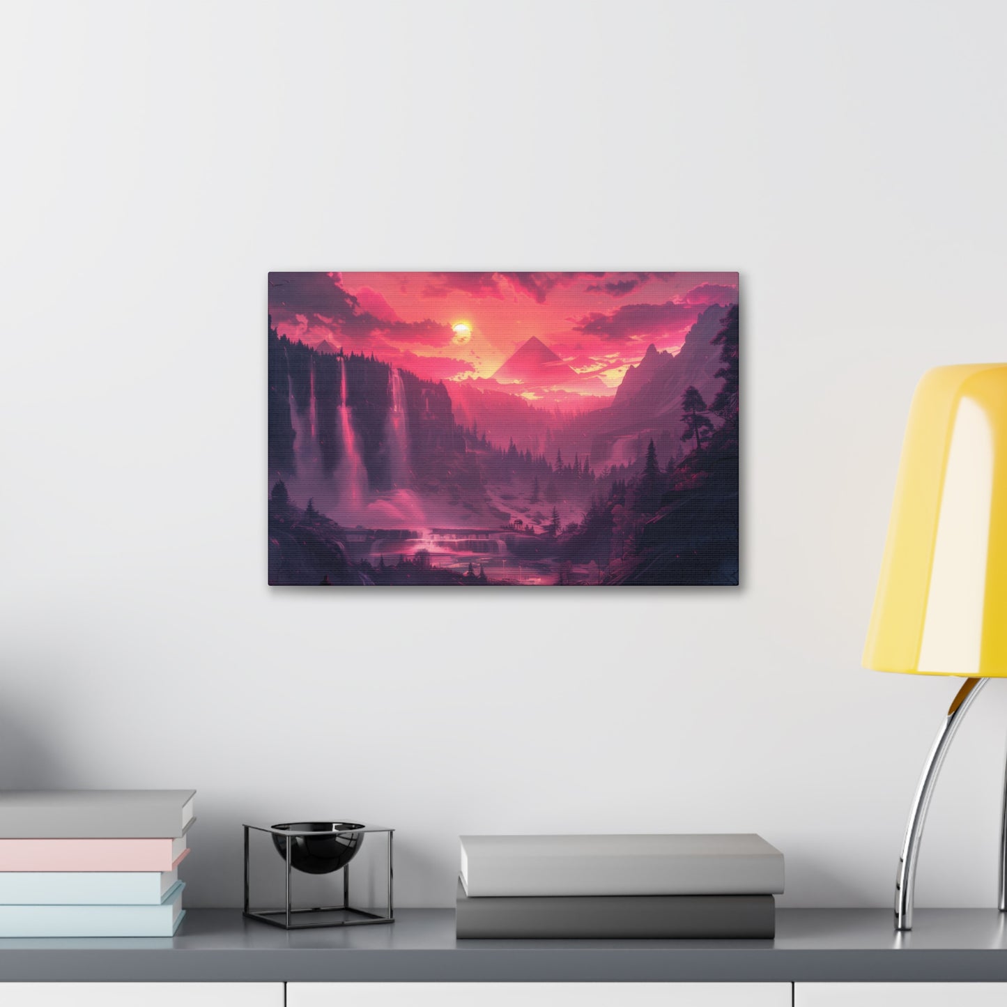 Dreamy Landscape with Waterfall and Mountains - Purple Evening Digital Illustration Canvas Gallery Wraps