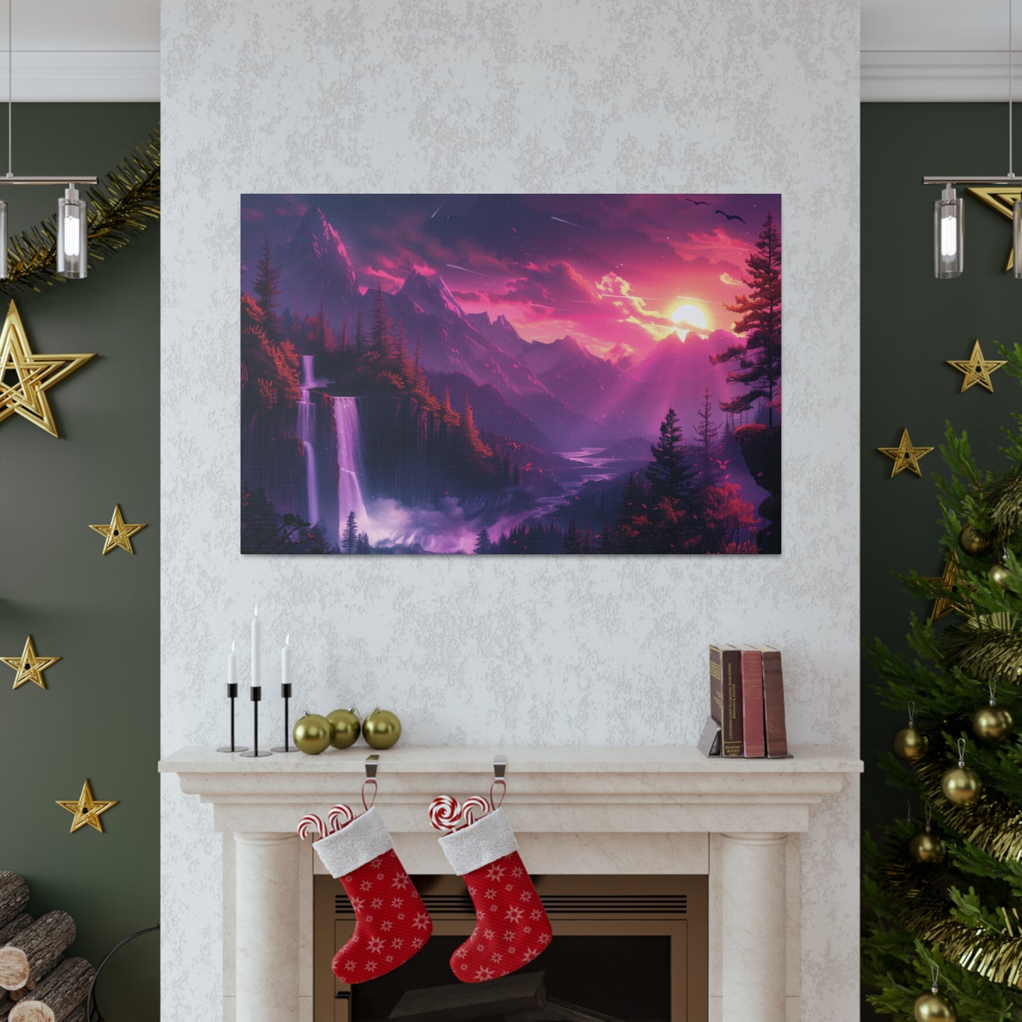 Dreamy Landscape with Waterfall and Mountains - Purple Evening Digital Illustration Canvas Gallery Wraps