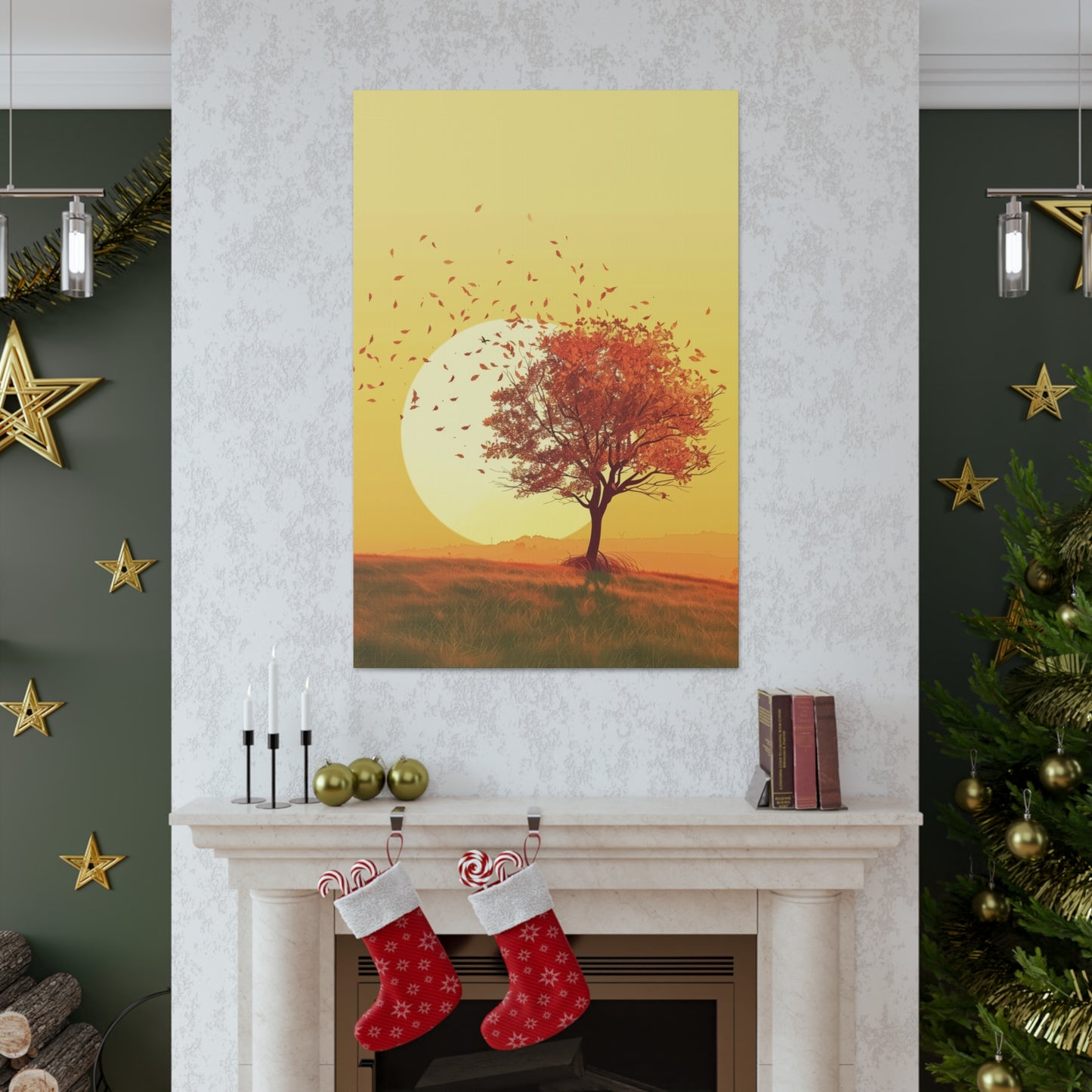 Red Tree in a Golden Sunset Digital Illustration Canvas Gallery Wraps