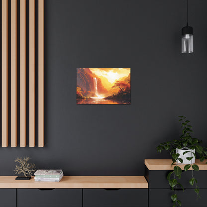 Dreamy Landscape Sunset with Waterfall and Mountains - Digital Illustration Canvas Gallery Wraps