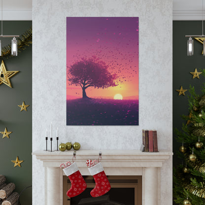 Tree in a Purple Sunset Digital Illustration Canvas Gallery Wraps