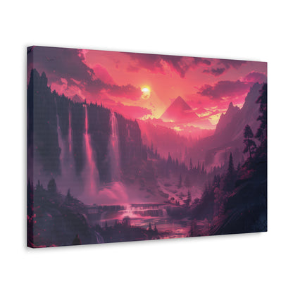 Dreamy Landscape with Waterfall and Mountains - Purple Evening Digital Illustration Canvas Gallery Wraps