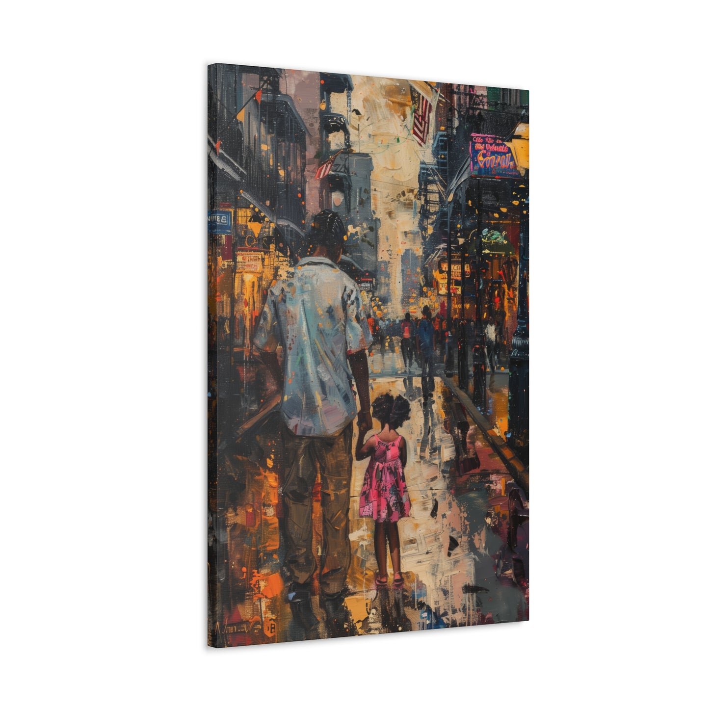 Father and Daughter Walking on the Street - Rembrandt Style Digital Oil Painting Canvas Gallery Wraps