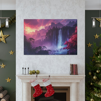 Dreamy Landscape Sunset with Waterfall and Mountains - Digital Illustration Canvas Gallery Wraps