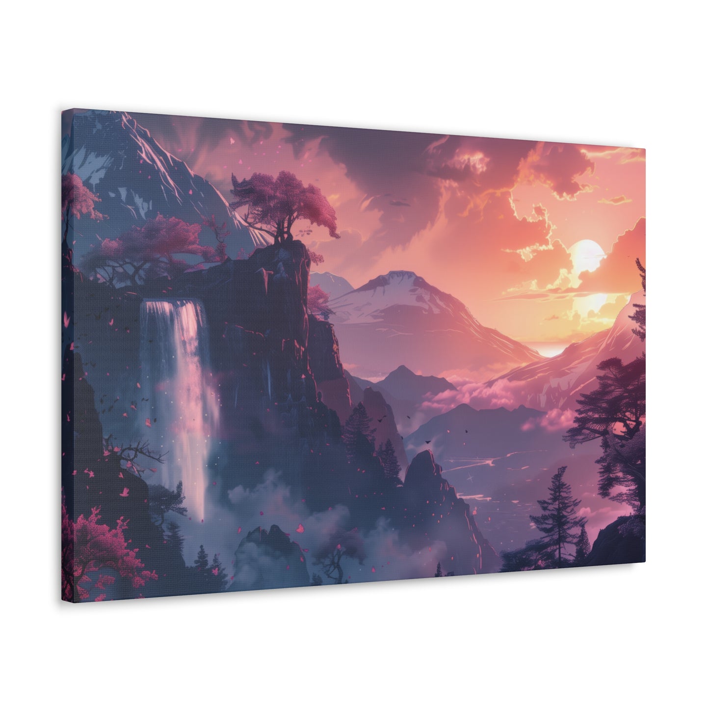 Dreamy Landscape with Waterfall and Mountains - Purple Evening Digital Illustration Canvas Gallery Wraps