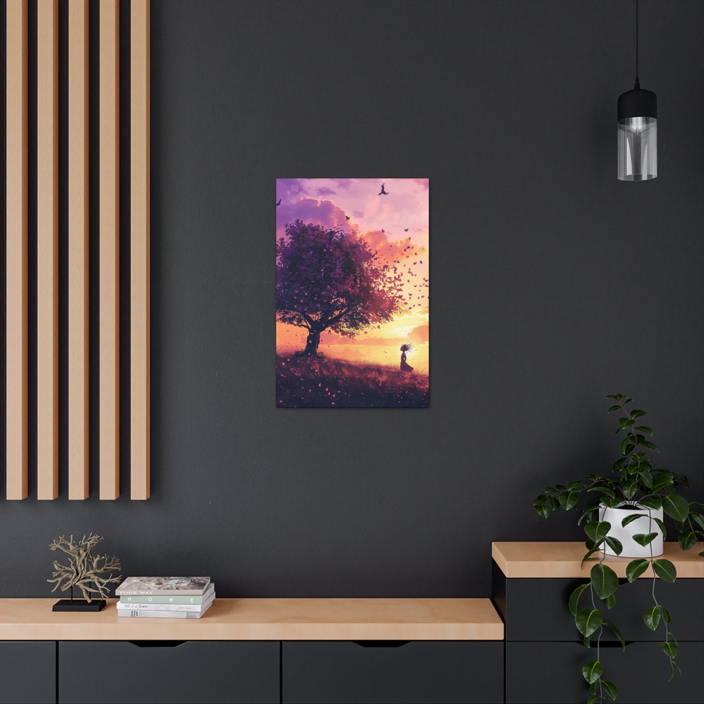 Tree in a Purple Sunset Digital Illustration Canvas Gallery Wraps