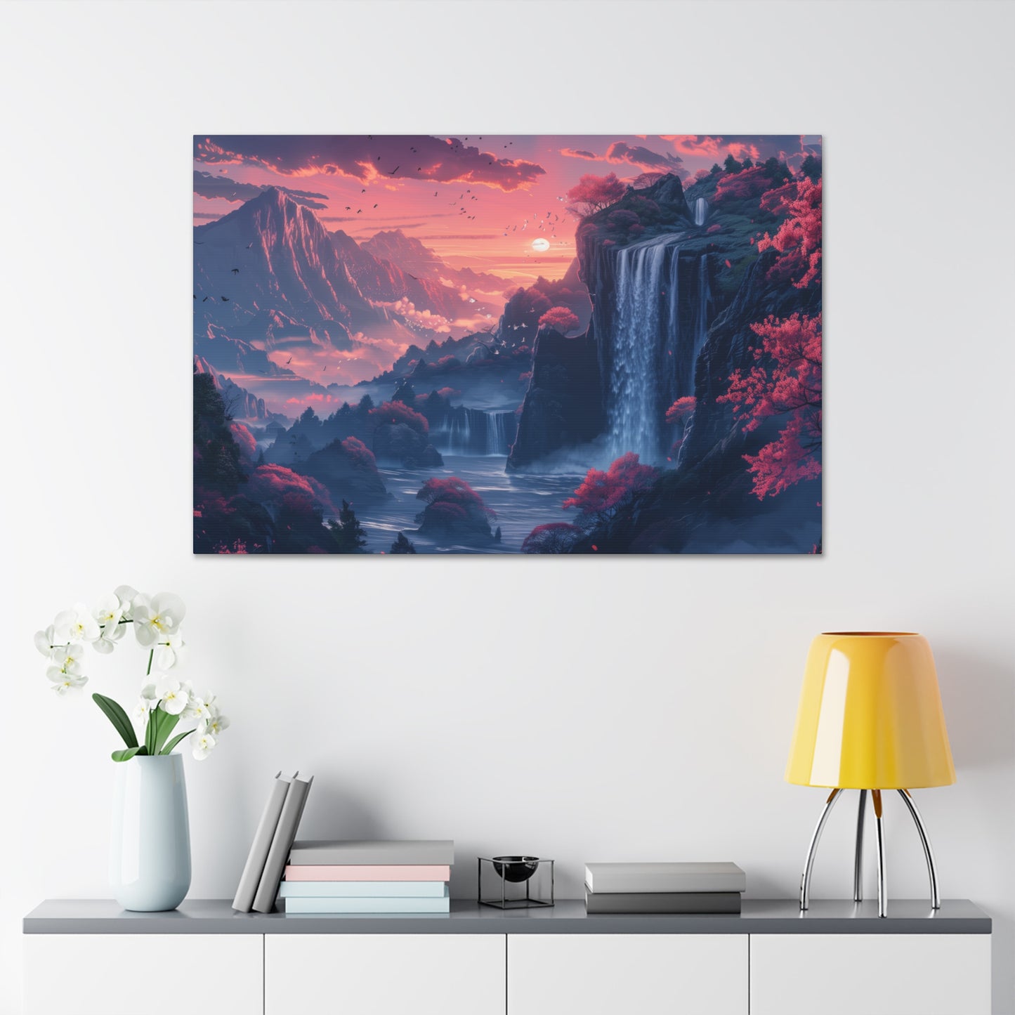 Dreamy Landscape Sunset with Waterfall and Mountains - Digital Illustration Canvas Gallery Wraps