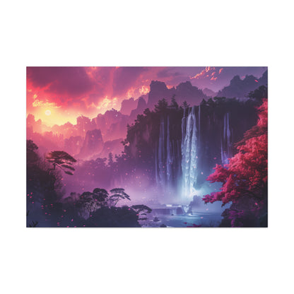 Dreamy Landscape Sunset with Waterfall and Mountains - Digital Illustration Canvas Gallery Wraps