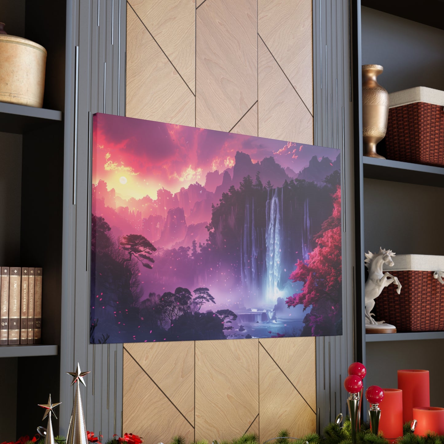 Dreamy Landscape Sunset with Waterfall and Mountains - Digital Illustration Canvas Gallery Wraps