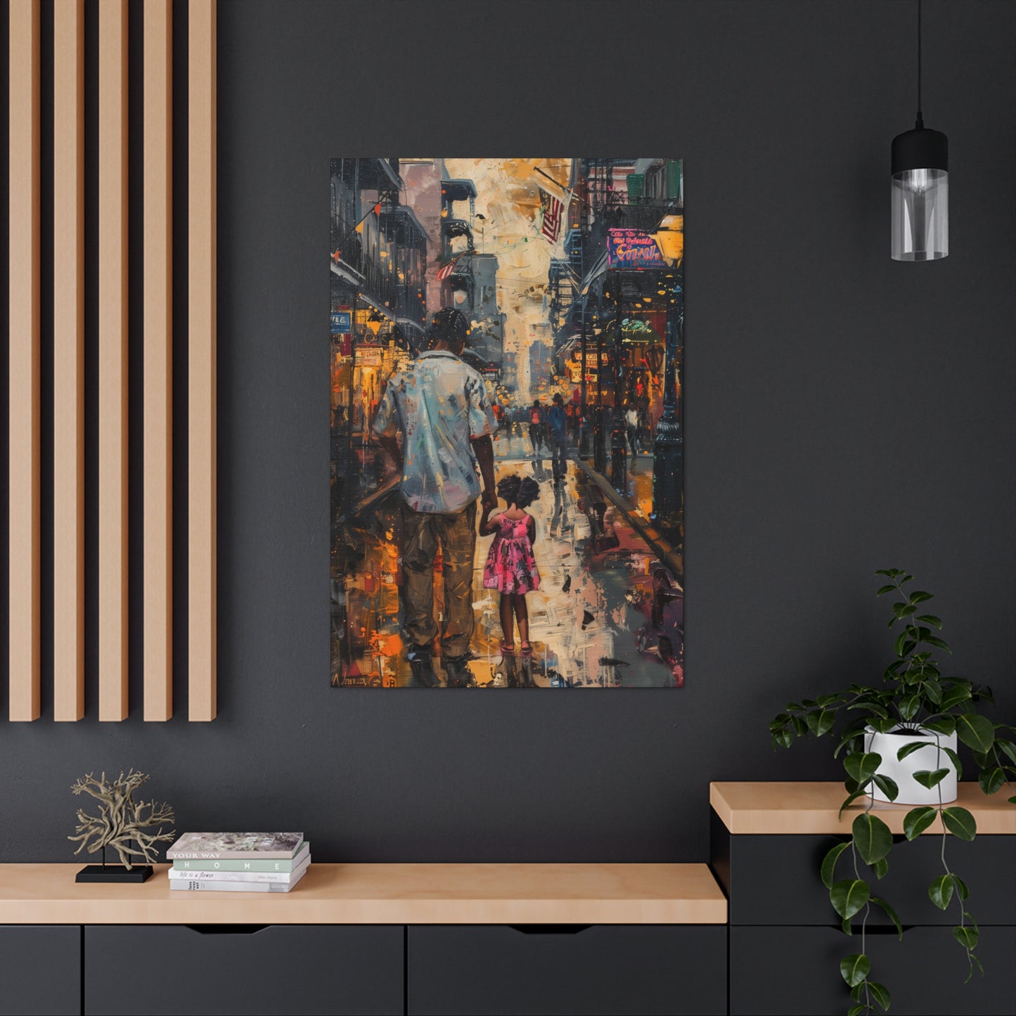 Father and Daughter Walking on the Street - Rembrandt Style Digital Oil Painting Canvas Gallery Wraps