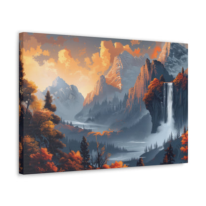 Dreamy Landscape Morning with Waterfall and Mountains - Digital Illustration Canvas Gallery Wraps