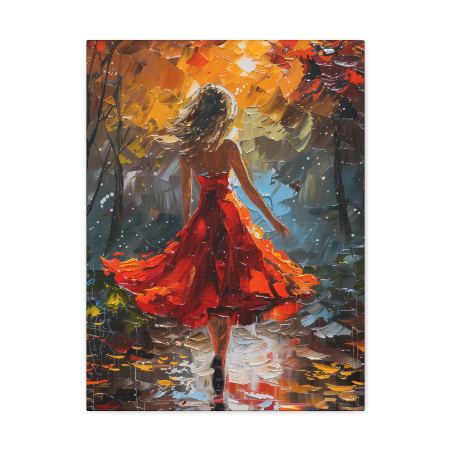 a girl in red dress walking through forest - Leonid Afremov Style Digital Print Canvas Gallery Wraps