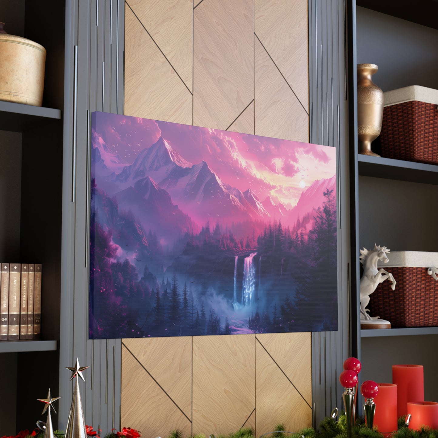 Dreamy Landscape Sunset with Waterfall and Mountains - Digital Illustration Canvas Gallery Wraps