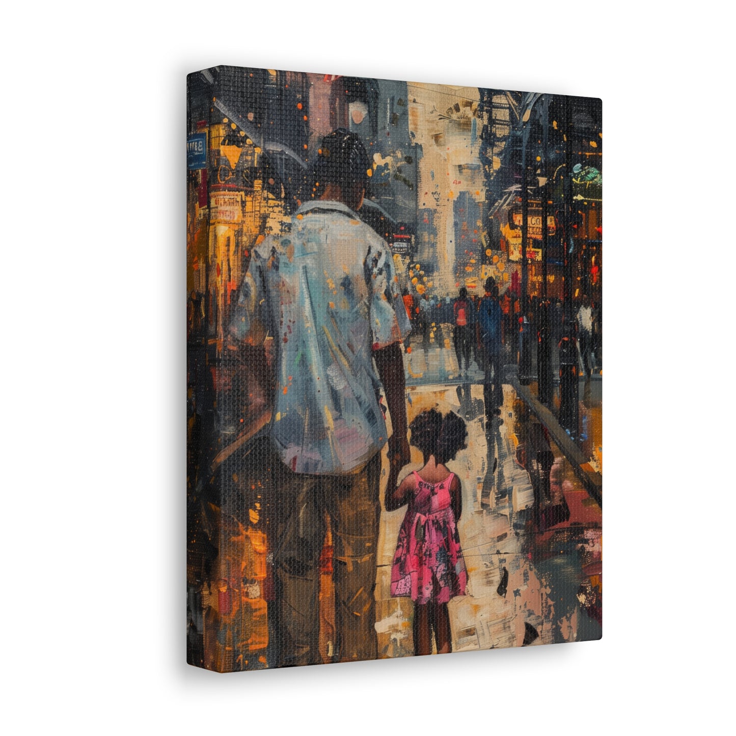 Father and Daughter Walking on the Street - Rembrandt Style Digital Oil Painting Canvas Gallery Wraps