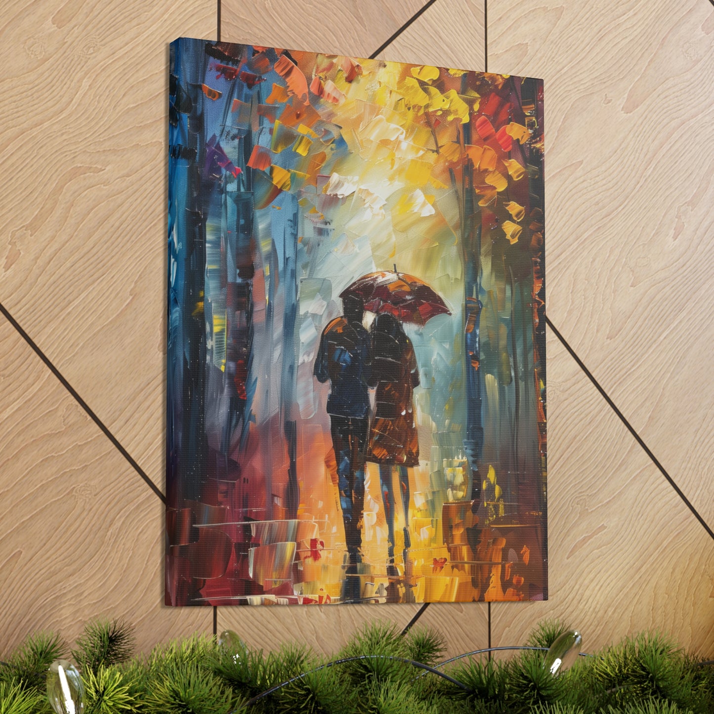 Couple Walking in the Street with Umbrella - Leonid Afremov Style Digital Oil Painting Canvas Gallery Wraps