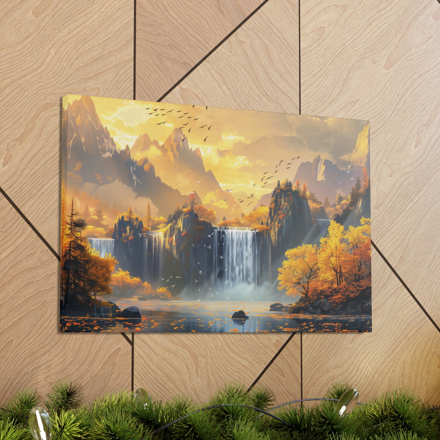 Dreamy Landscape Sunset with Waterfall and Mountains - Digital Illustration Canvas Gallery Wraps