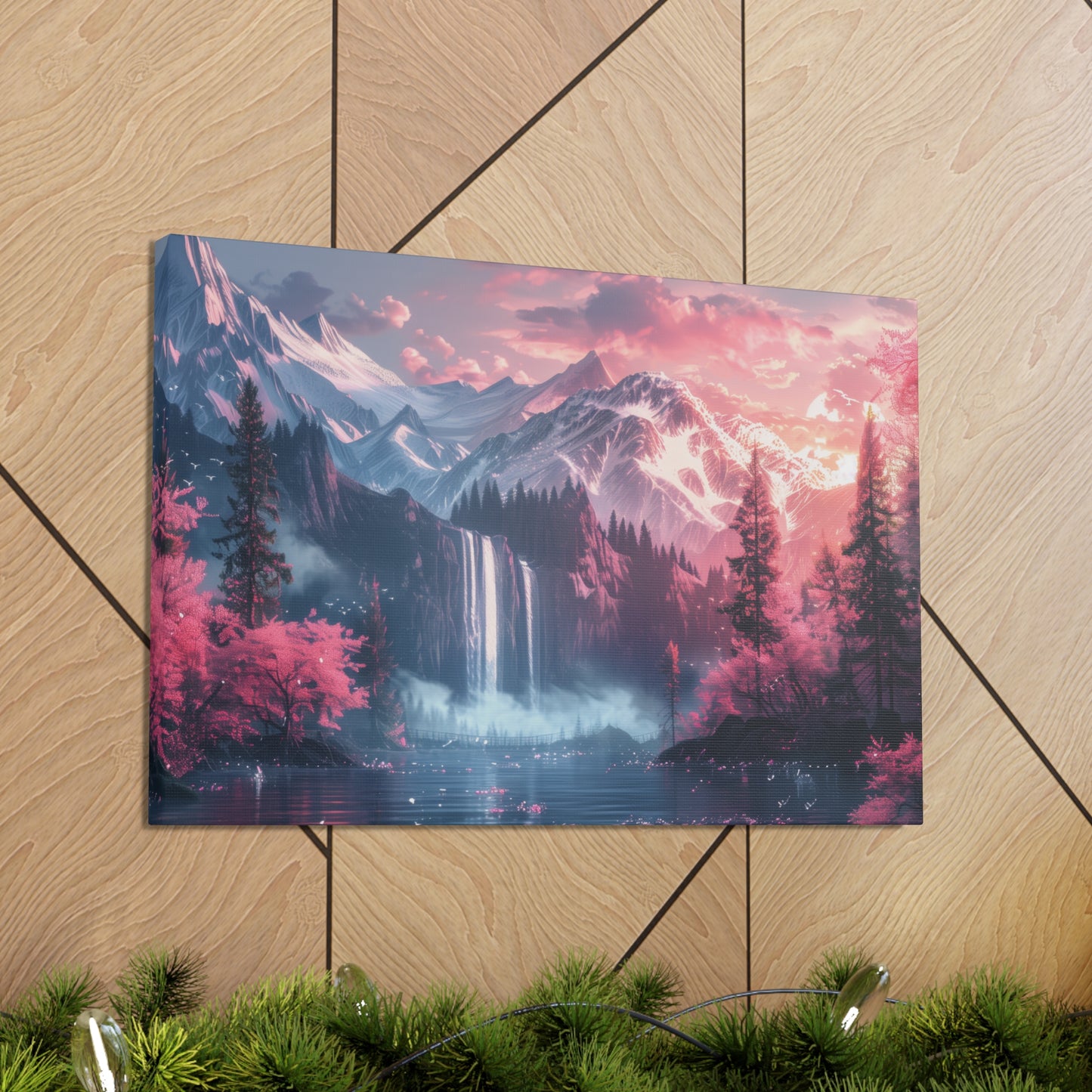 Dreamy Landscape Sunset with Waterfall and Mountains - Digital Illustration Canvas Gallery Wraps