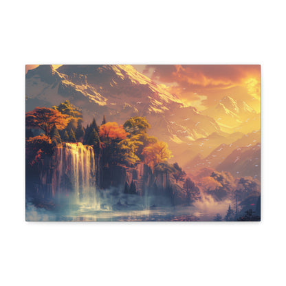 Dreamy Landscape Sunset with Waterfall and Mountains - Digital Illustration Canvas Gallery Wraps