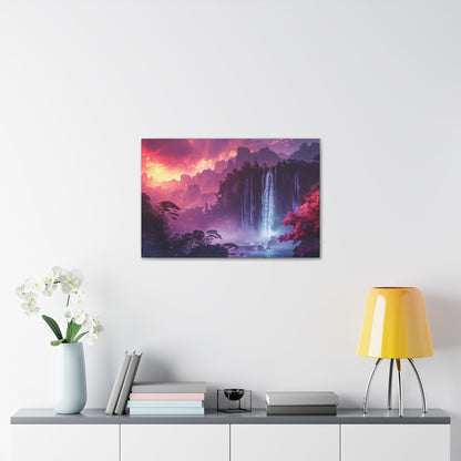 Dreamy Landscape Sunset with Waterfall and Mountains - Digital Illustration Canvas Gallery Wraps