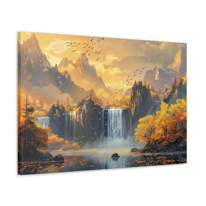 Dreamy Landscape Sunset with Waterfall and Mountains - Digital Illustration Canvas Gallery Wraps