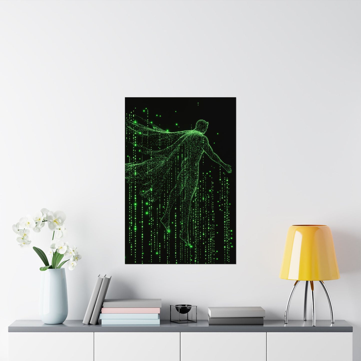 Neon Code Guardian: 3D Glitch Superman Matrix Effect - Digital Illustration Matte Vertical Poster