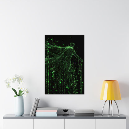 Neon Code Guardian: 3D Glitch Superman Matrix Effect - Digital Illustration Matte Vertical Poster