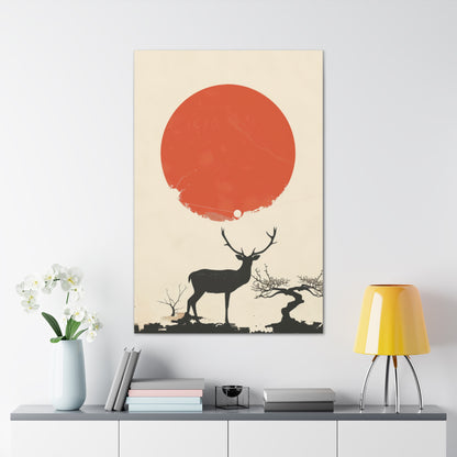 Deer and Sun - Takeshi Kitano Style Digital Illustration Canvas Gallery Wraps