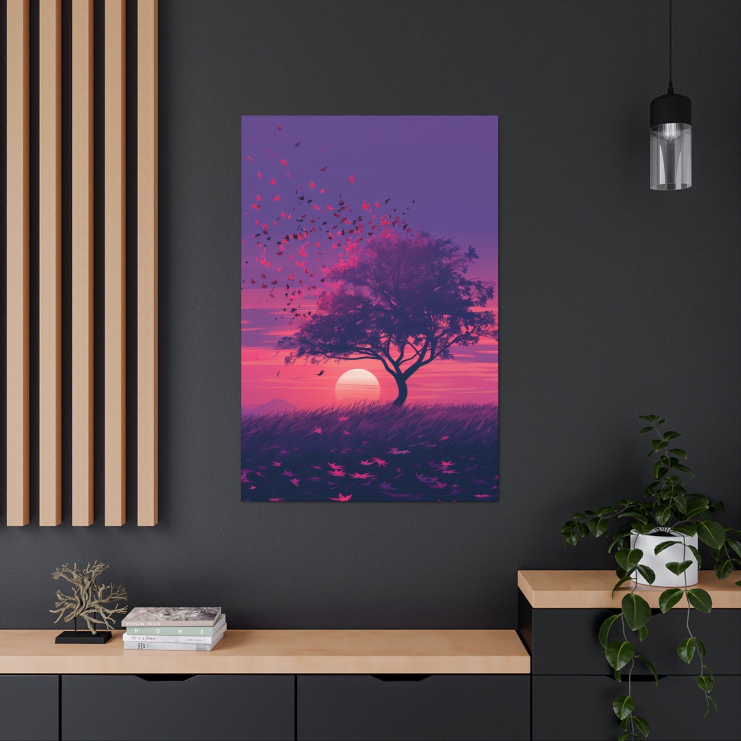 Tree in a Purple Sunset Digital Illustration Canvas Gallery Wraps