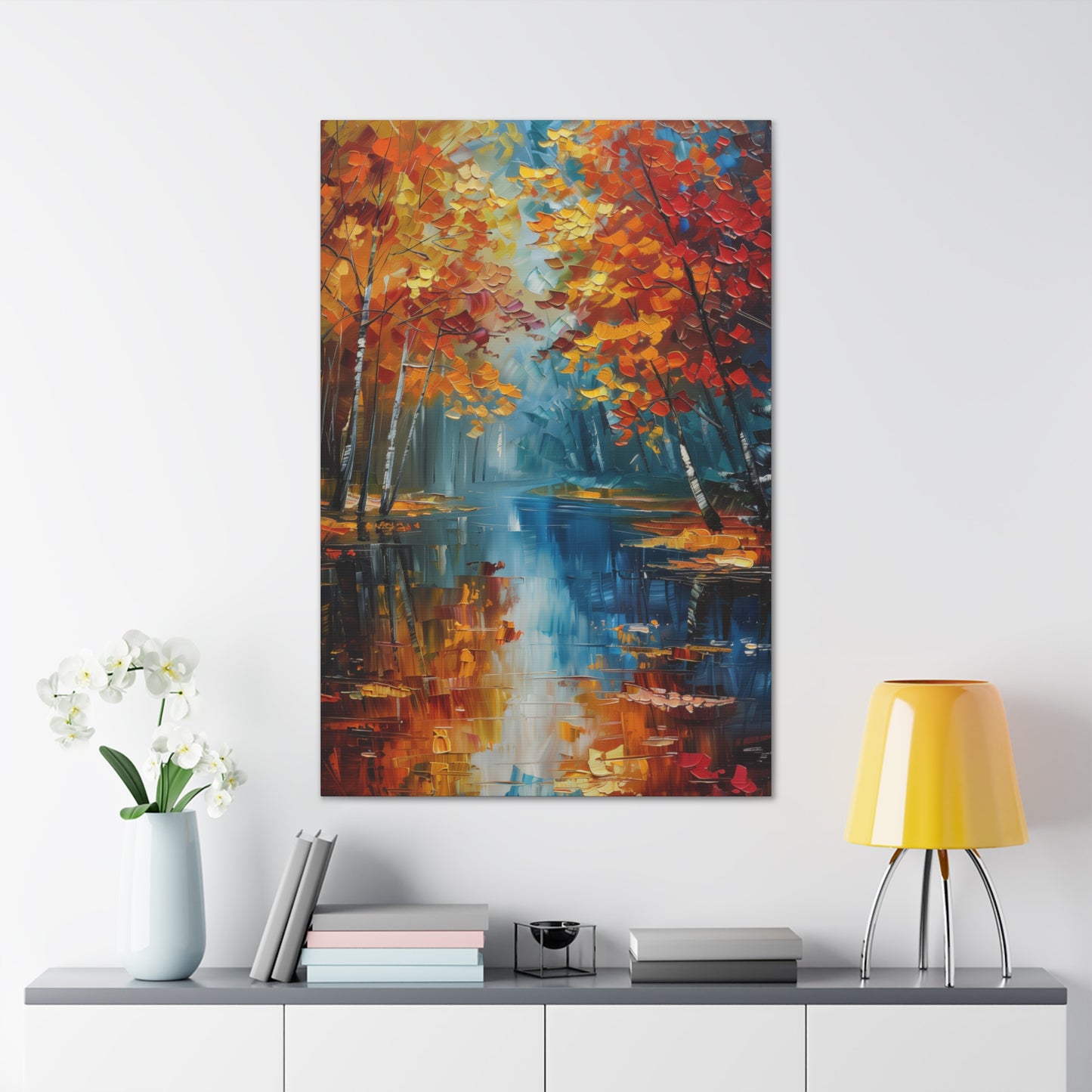 a river flows through autumn forest - Leonid Afremov Style Digital Print Canvas Gallery Wraps