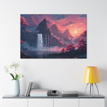 Dreamy Landscape Sunset with Waterfall and Mountains - Digital Illustration Canvas Gallery Wraps