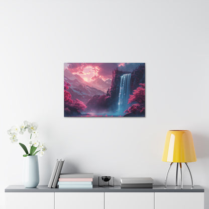 Dreamy Landscape Sunset with Waterfall and Mountains - Digital Illustration Canvas Gallery Wraps