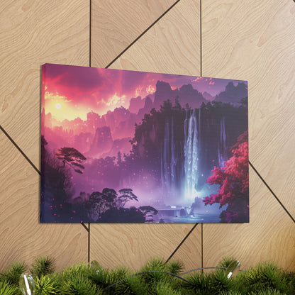 Dreamy Landscape Sunset with Waterfall and Mountains - Digital Illustration Canvas Gallery Wraps