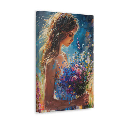 girl holding a flower bouquet - Leonid Afremov Style Digital Print Canvas Gallery Wraps