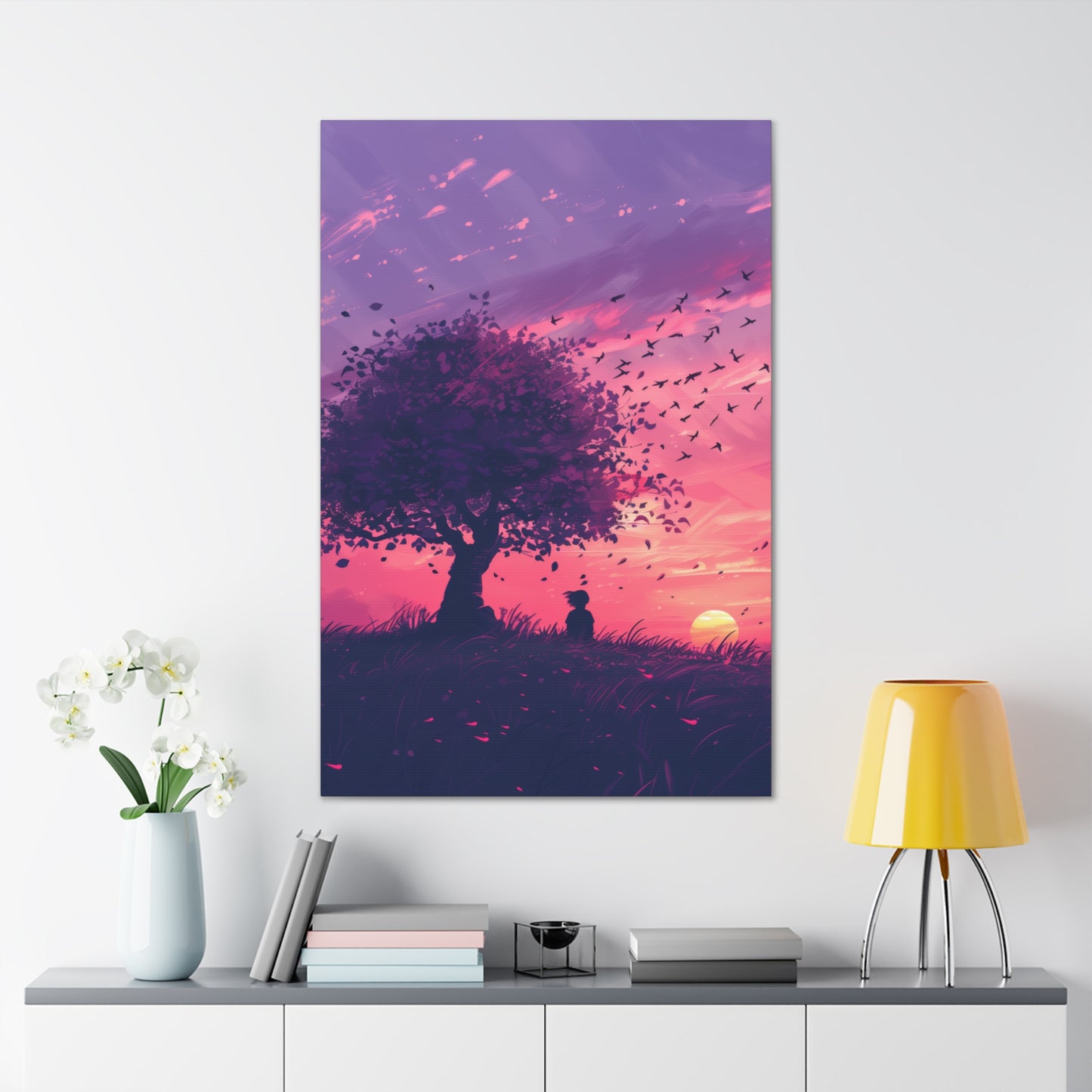 Tree in a Purple Sunset Digital Illustration Canvas Gallery Wraps