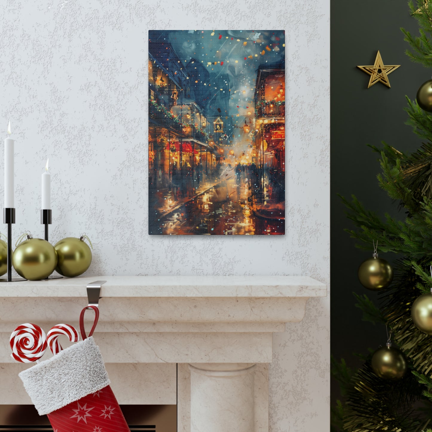 Christmas Street Corner in Downtown - Rembrandt Style Digital Oil Painting  Canvas Gallery Wraps