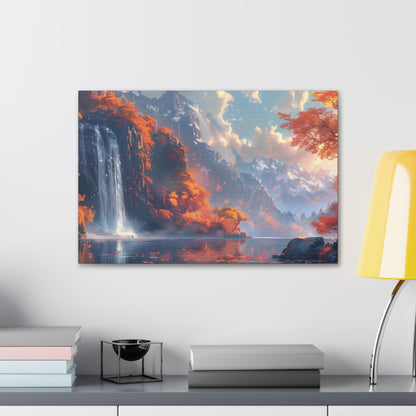 Dreamy Landscape Sunset with Waterfall and Mountains - Digital Illustration Canvas Gallery Wraps