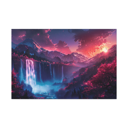 Dreamy Landscape Sunset with Waterfall and Mountains - Digital Illustration Canvas Gallery Wraps