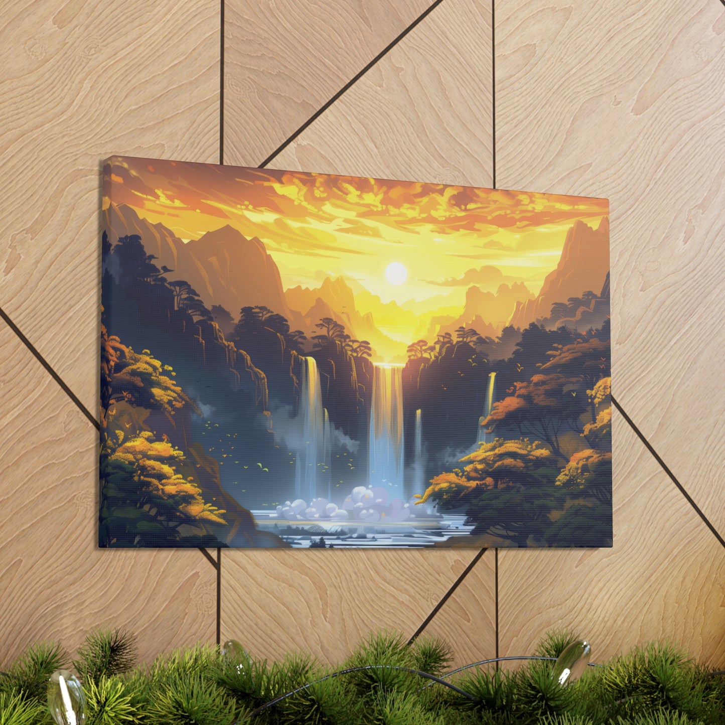 Dreamy Landscape - Waterfall and Mountains in Golden Morning Illustration Canvas Gallery Wraps