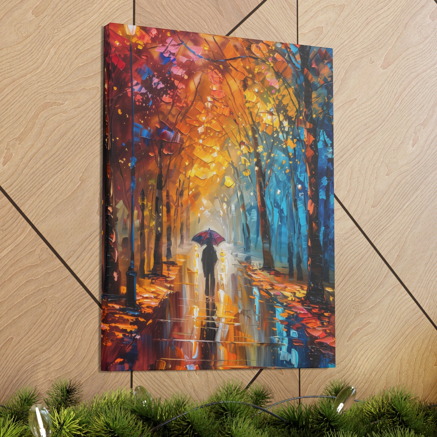 man walking through forest road with umbrella - Leonid Afremov Style Digital Print Canvas Gallery Wraps