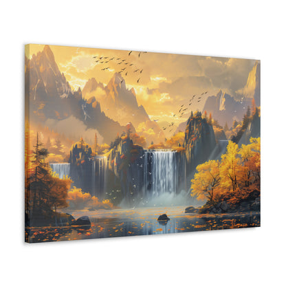 Dreamy Landscape Sunset with Waterfall and Mountains - Digital Illustration Canvas Gallery Wraps