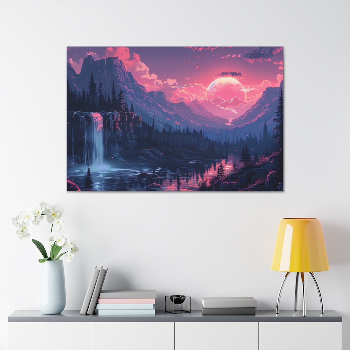 Dreamy Landscape Sunset with Waterfall and Mountains -  Digital Illustration Canvas Gallery Wraps