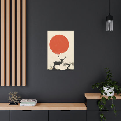 Deer and Sun - Takeshi Kitano Style Digital Illustration Canvas Gallery Wraps