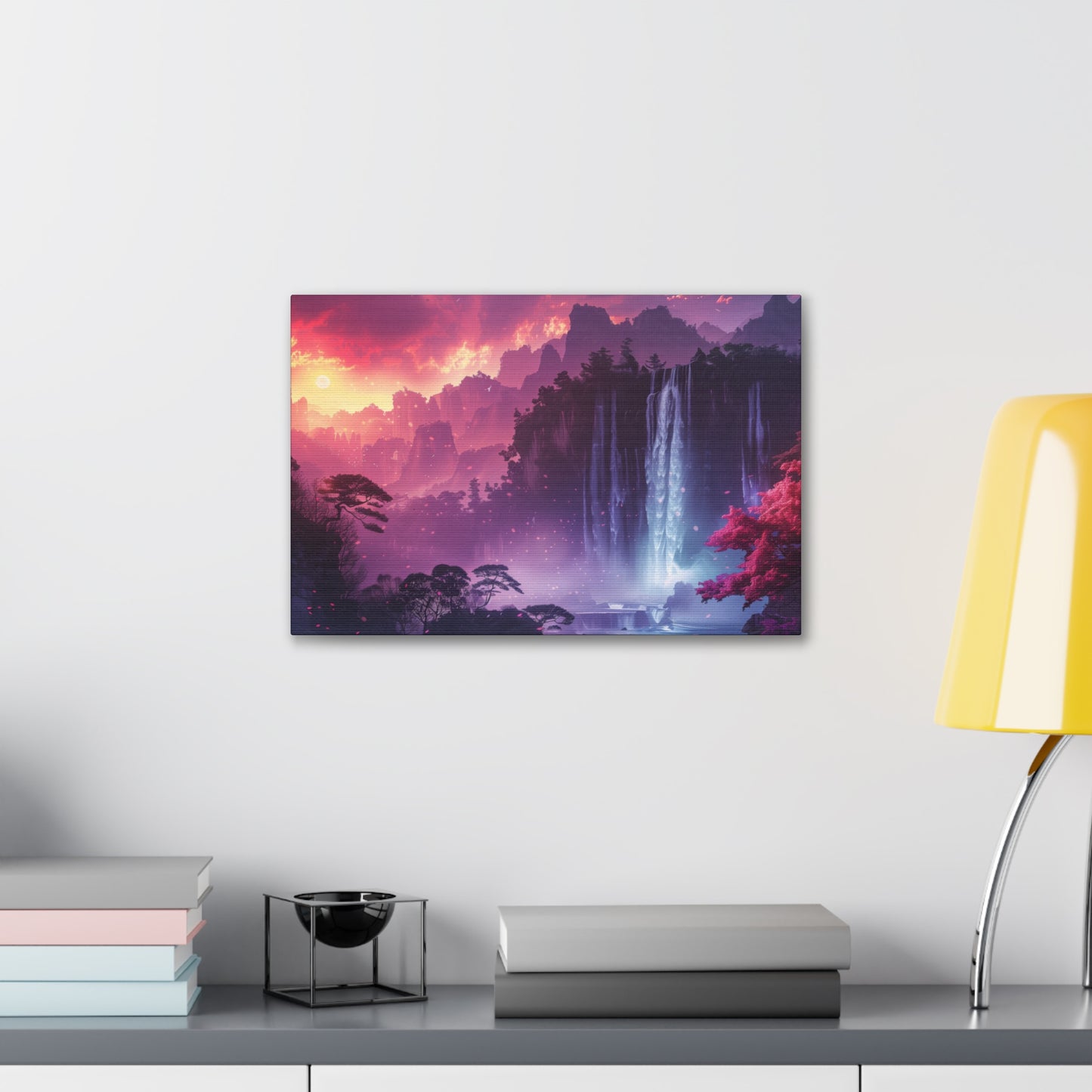 Dreamy Landscape Sunset with Waterfall and Mountains - Digital Illustration Canvas Gallery Wraps