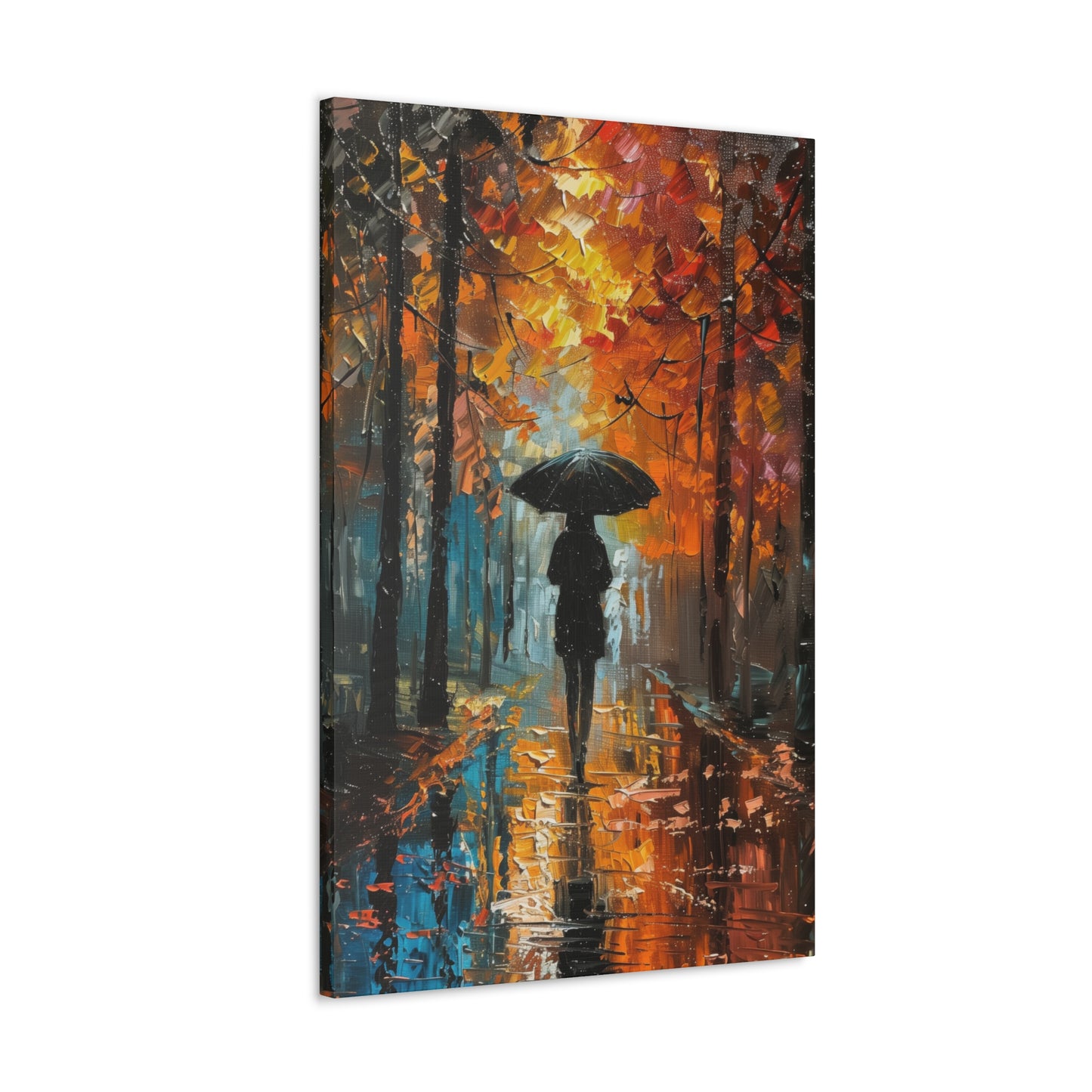 girl with an umbrella walking through forest road - Leonid Afremov Style Digital Print Canvas Gallery Wraps