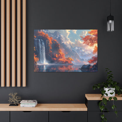 Dreamy Landscape Sunset with Waterfall and Mountains - Digital Illustration Canvas Gallery Wraps