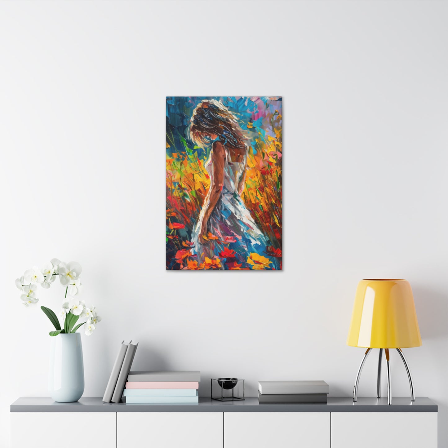 a girl standing in flower field Digital Oil Painting Print Canvas Gallery Wraps