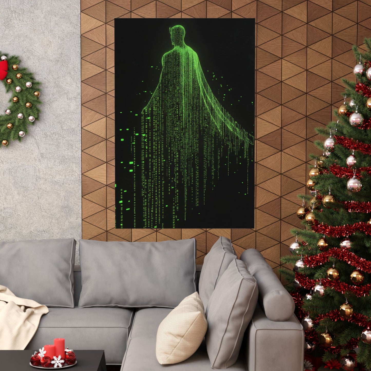 Neon Code Guardian: 3D Glitch Superman Matrix Effect - Digital Illustration Matte Vertical Poster