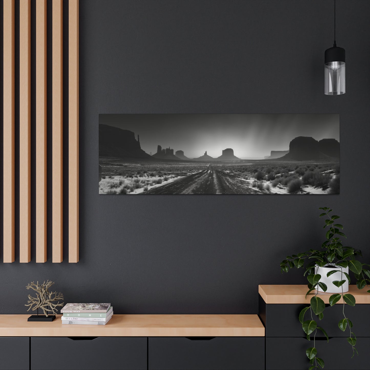 Highway Through the Wild West Desert of Arizona - Black and White Landscape Panorama Canvas Gallery Wraps