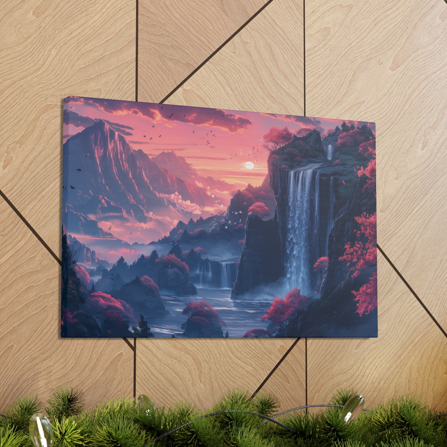 Dreamy Landscape Sunset with Waterfall and Mountains - Digital Illustration Canvas Gallery Wraps