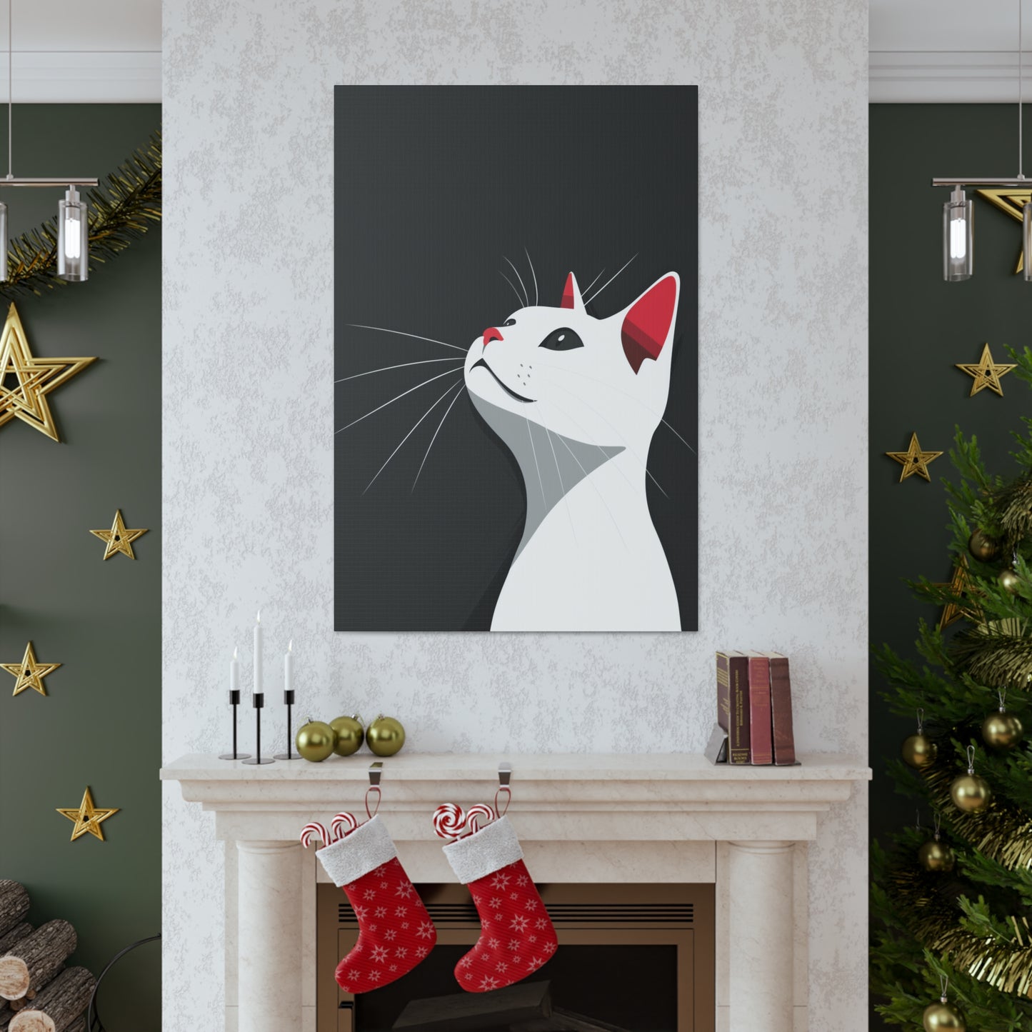 White Cat in Black Background Digital Illustration Canvas Gallery Wraps